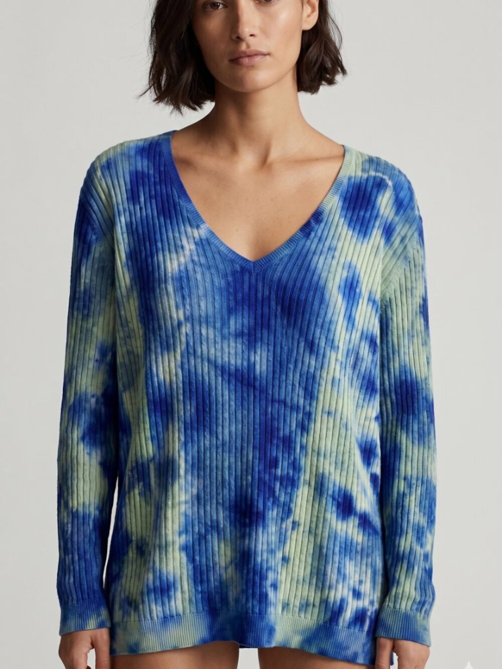Lauren RALPH LAUREN Tie dye Blue Sweater V neck Size Extra Large Cable Cotton